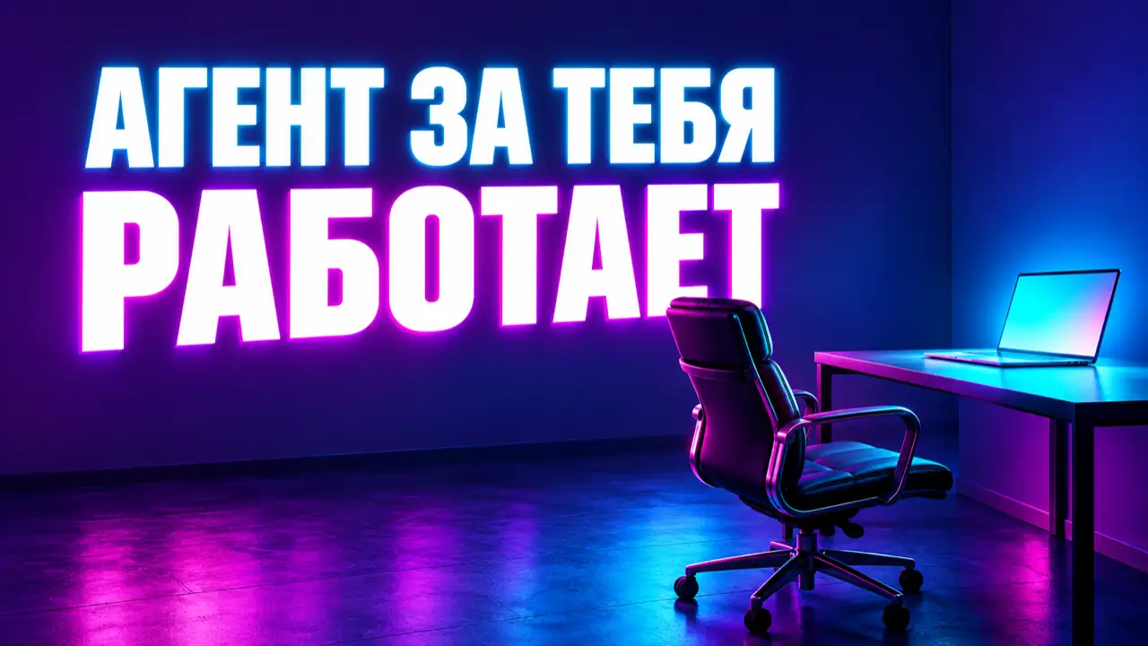 Пустое кресло у стола с ноутбуком в темной комнате, на стене неоновые слова «Агент за тебя работает»