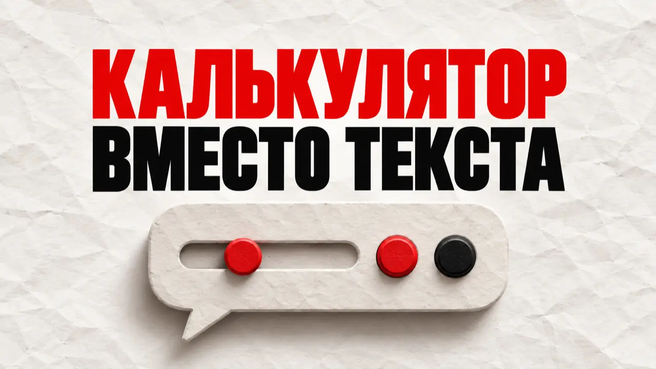 Бумажное облачко сообщения с ползунком и двумя кнопками, над ним надпись «Калькулятор вместо текста»
