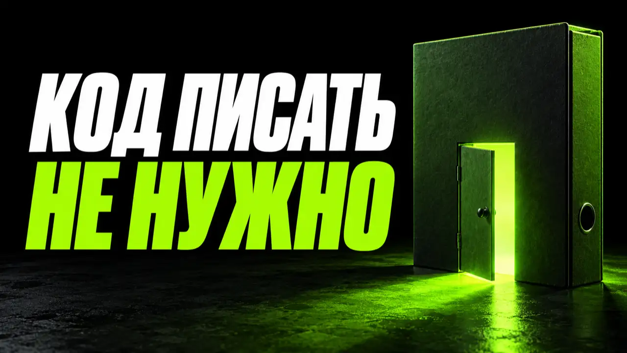 Черная обложка с зеленой надписью «Код писать не нужно» и канцелярской папкой, в которой приоткрыта дверь