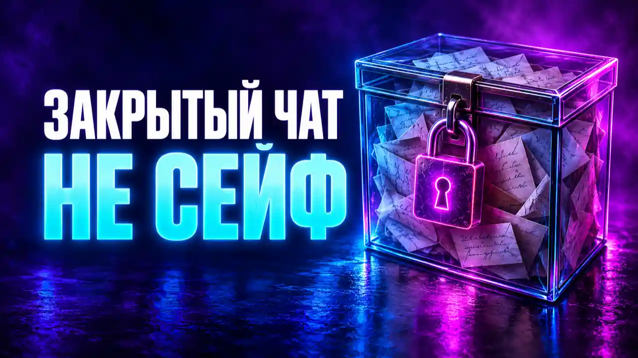 Стеклянный ящик с письмами под неоновым замком и надпись: закрытый чат не сейф