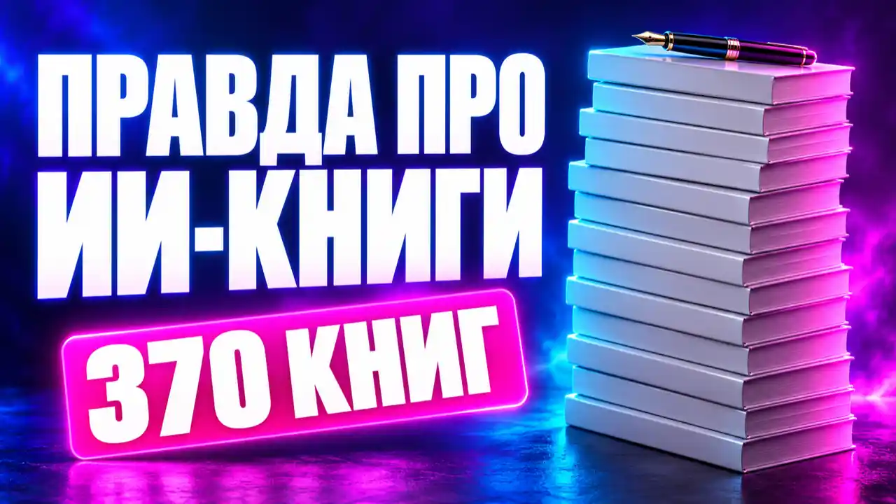 Башня одинаковых книг с ручкой наверху и надпись «Правда про ИИ-книги, 370 книг»