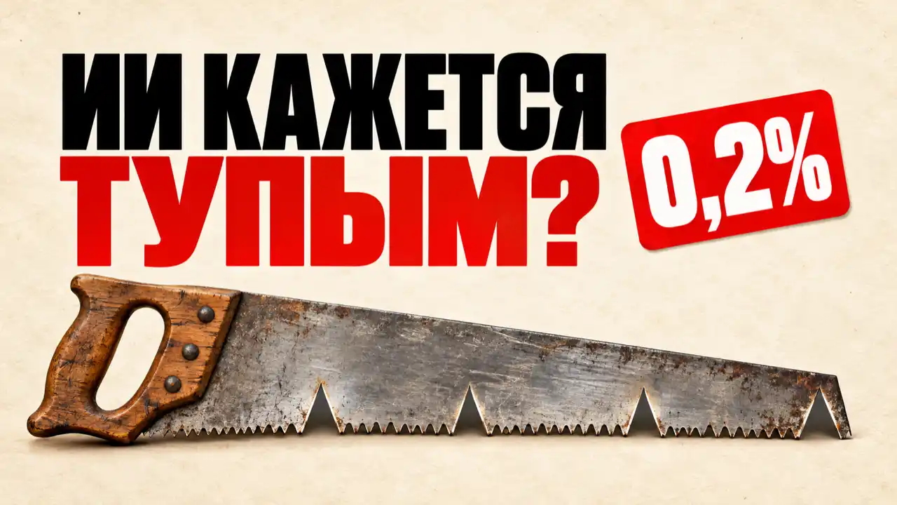 Старая пила с неровными зубцами, надпись «ИИ кажется тупым?» и плашка 0,2%