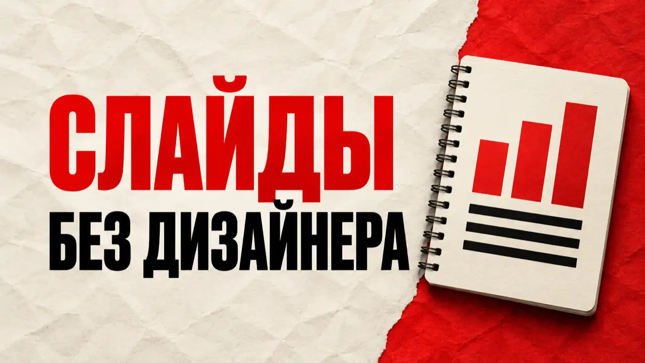 Надпись «Слайды без дизайнера» и блокнот на пружине, на странице которого красная диаграмма