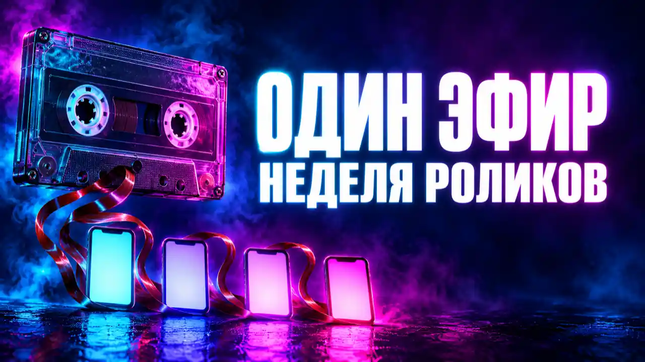 Кассета, лента которой превращается в ряд вертикальных экранов телефона, и надпись: один эфир - неделя роликов