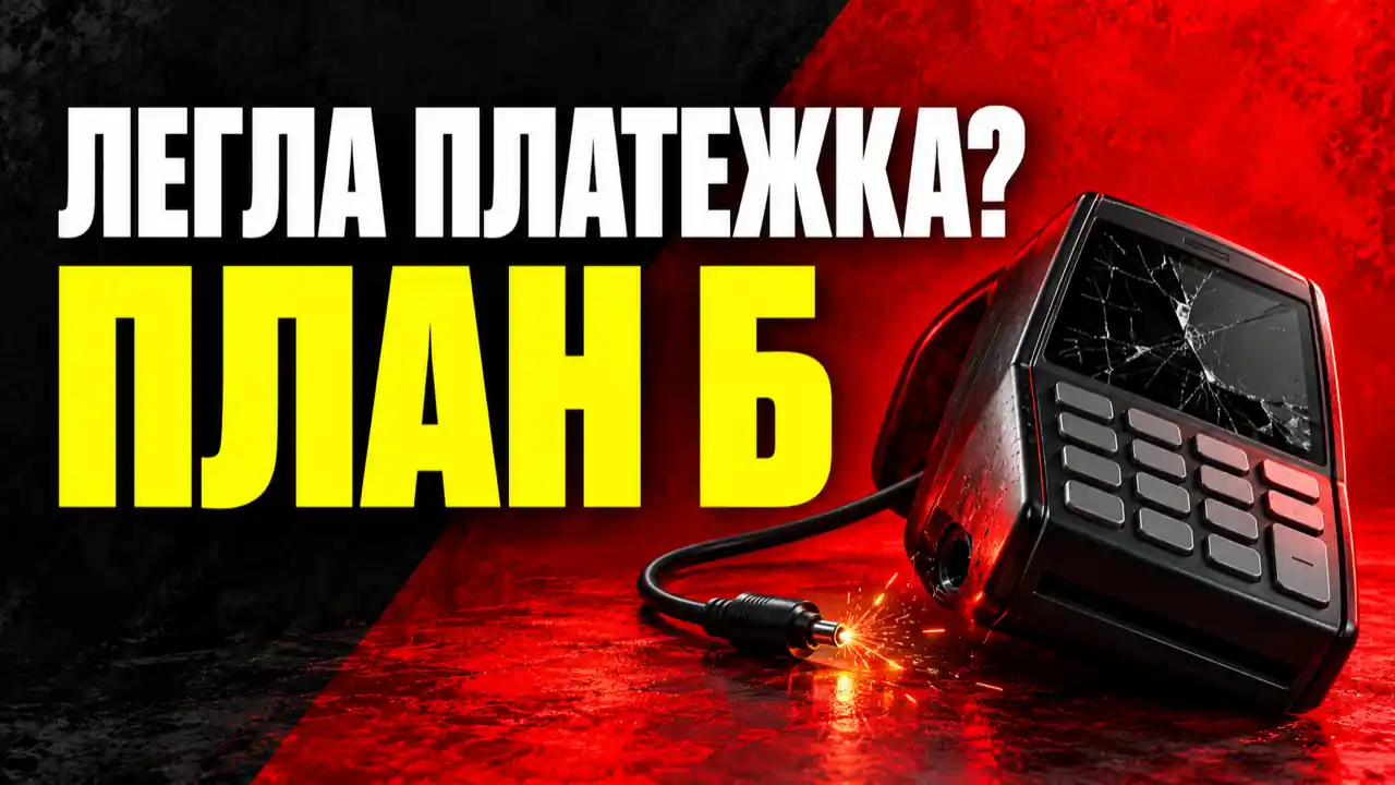 Платежный терминал с треснувшим экраном и выдернутым проводом, надпись: легла платежка? План Б