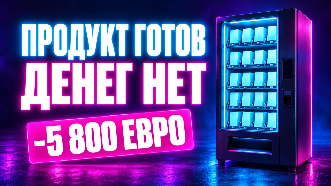 Торговый автомат, полный одинаковых коробок, светится в пустом темном зале, надпись «Продукт готов, денег нет»