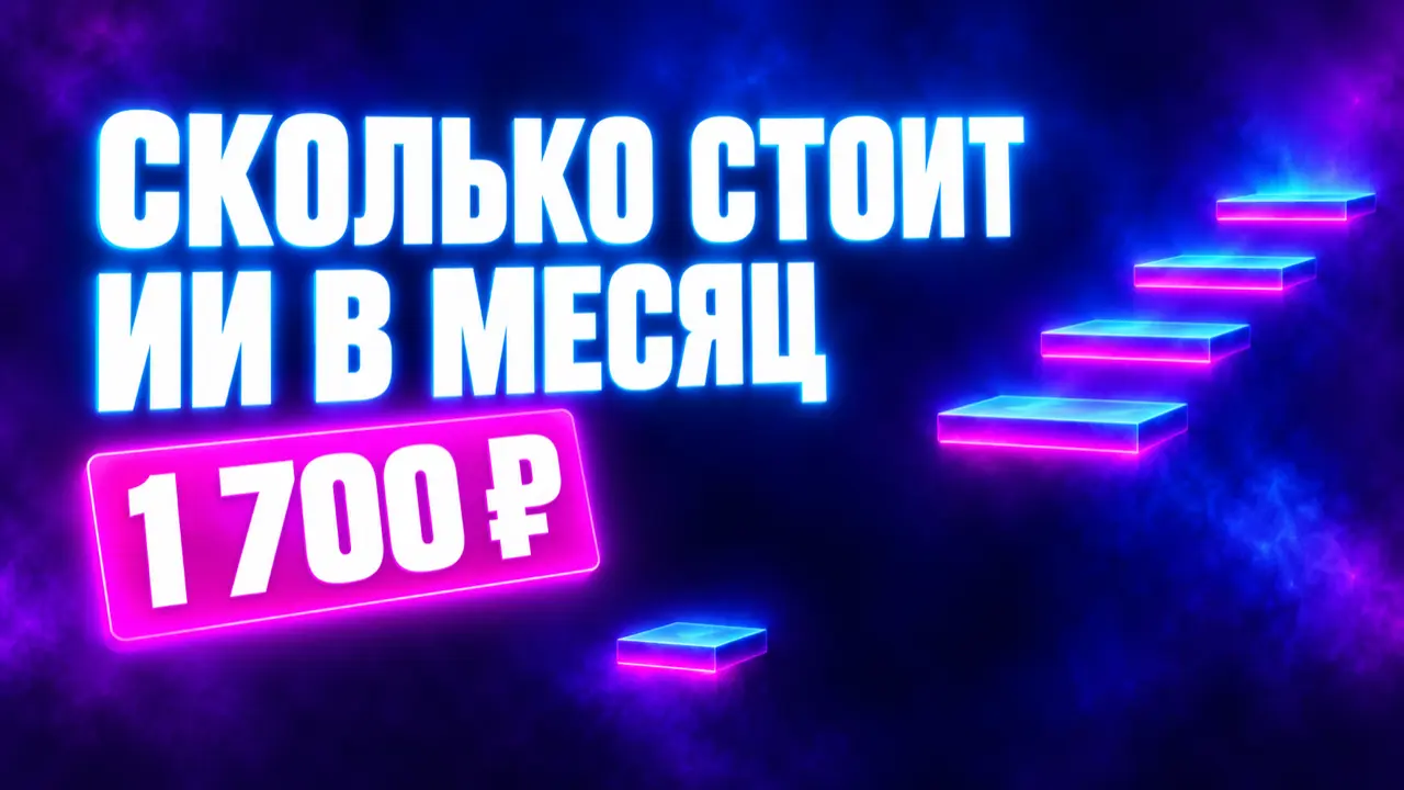 Неоновая лестница с пропущенной ступенью и надпись: сколько стоит ИИ в месяц, 1 700 ₽