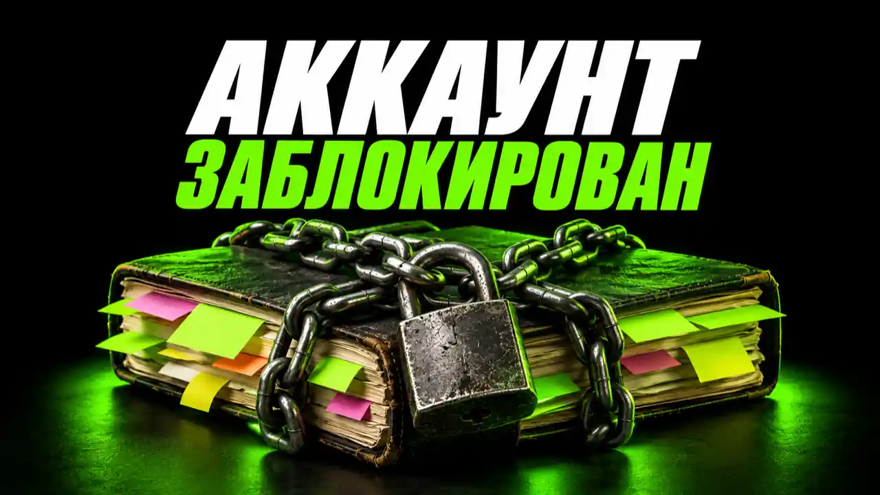 Блокнот с закладками, обмотанный цепью с замком, и надпись «Аккаунт заблокирован»